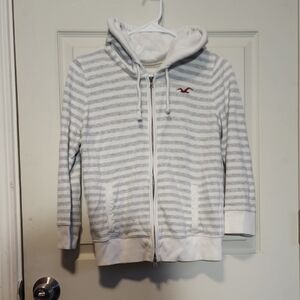 Hollister Gray and White Striped Hoodie, Size Large